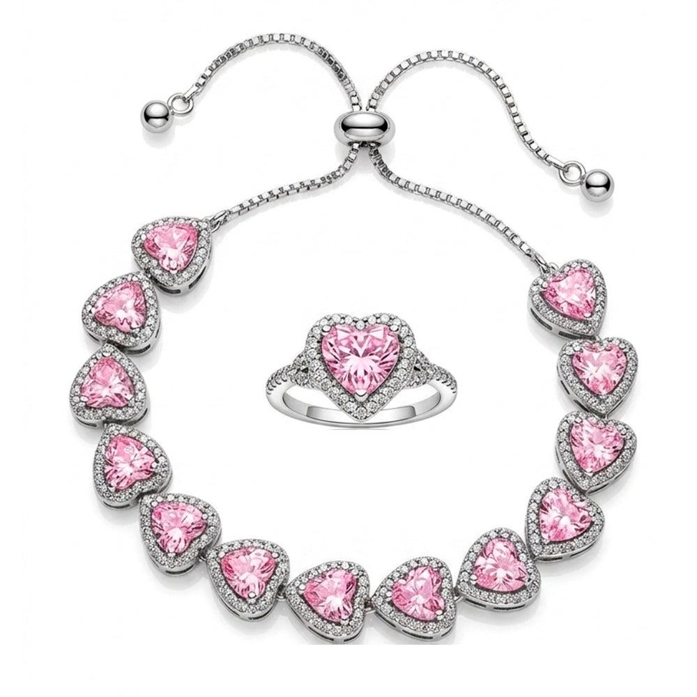 Pulseira De Prata Com Coração Rosa