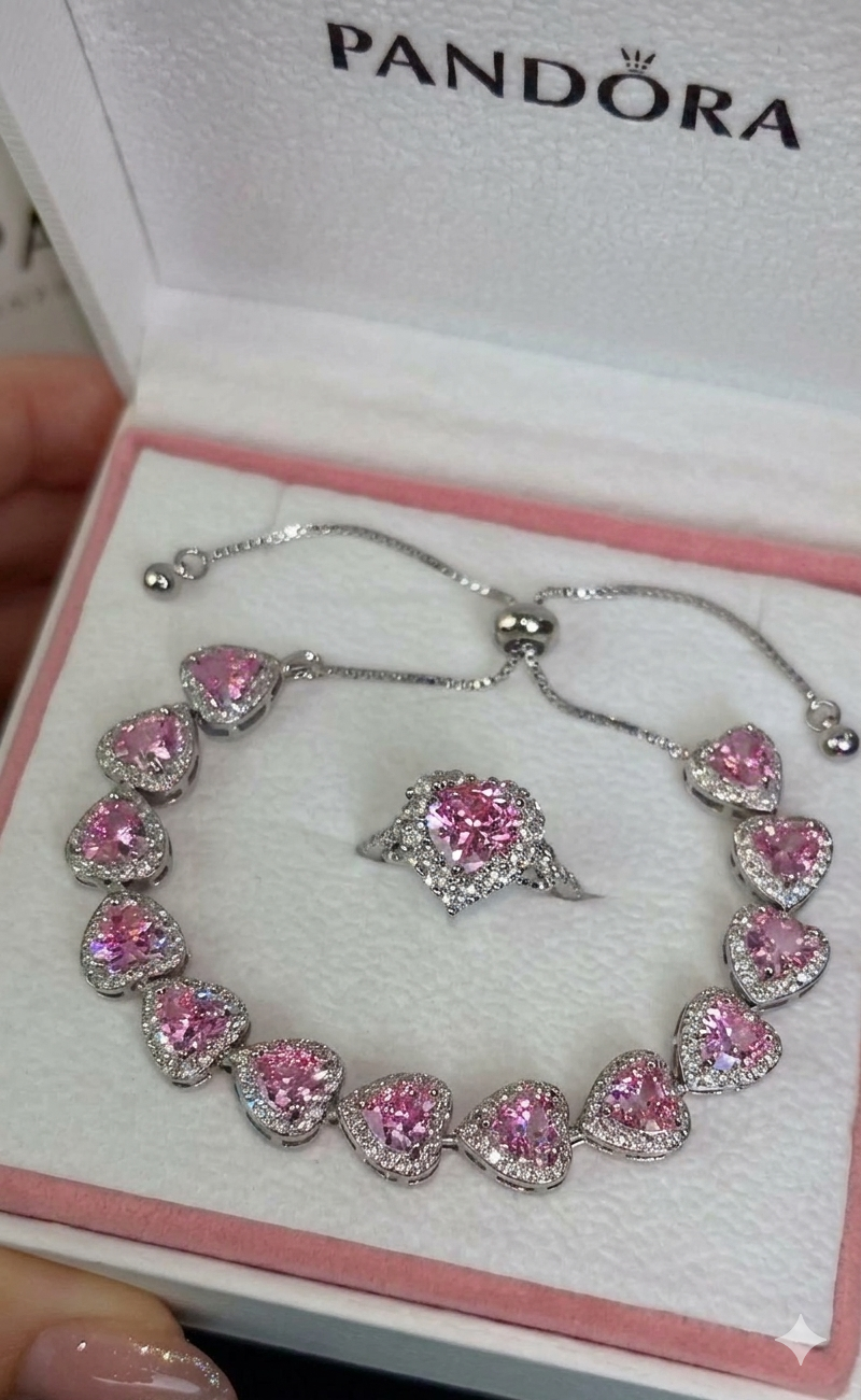 Pulseira De Prata Com Coração Rosa