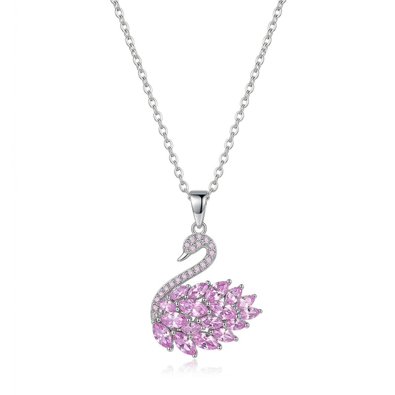Colar Cisne de Prata com Cristais Rosa