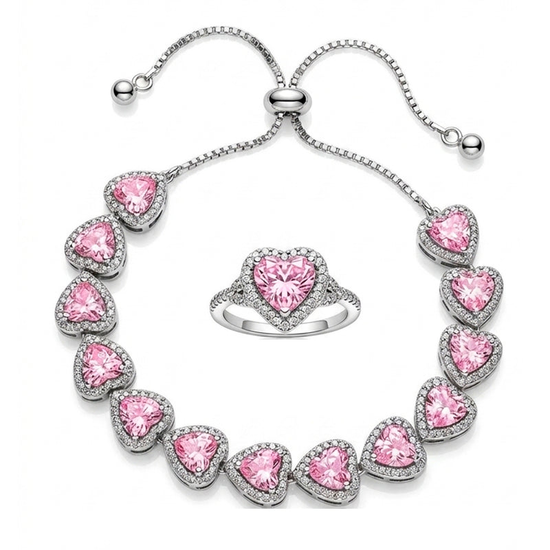 Pulseira De Prata Com Coração Rosa